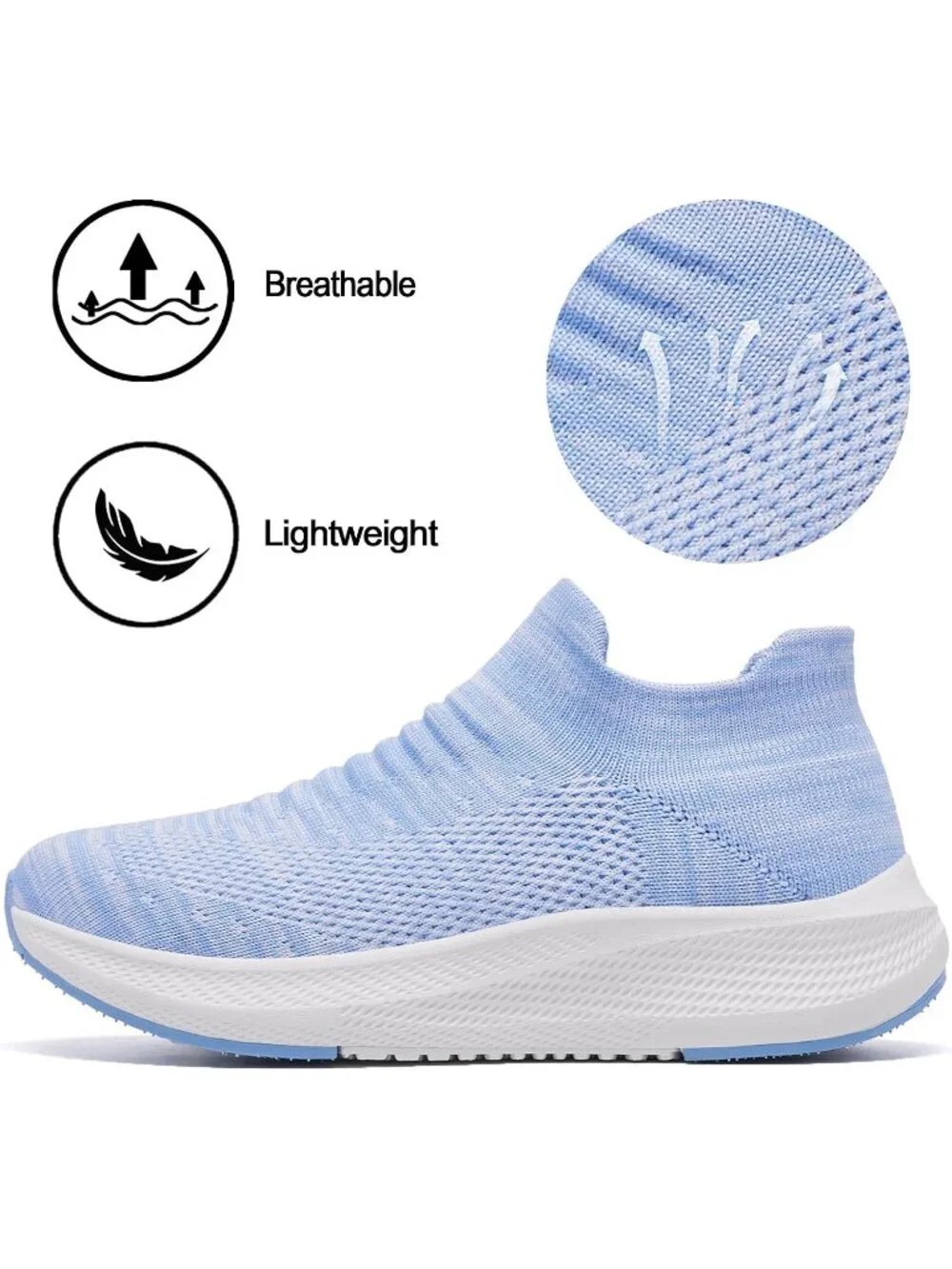 Women's Light Blue Comfort Lightweight Sock Mesh Slip on Casual Sneaker Shoes